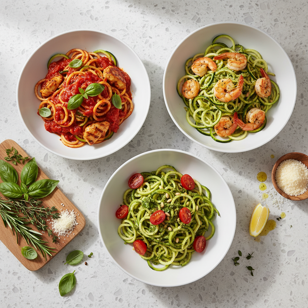 Healthy zucchini noodles bowls with different sauces and toppings on a countertop