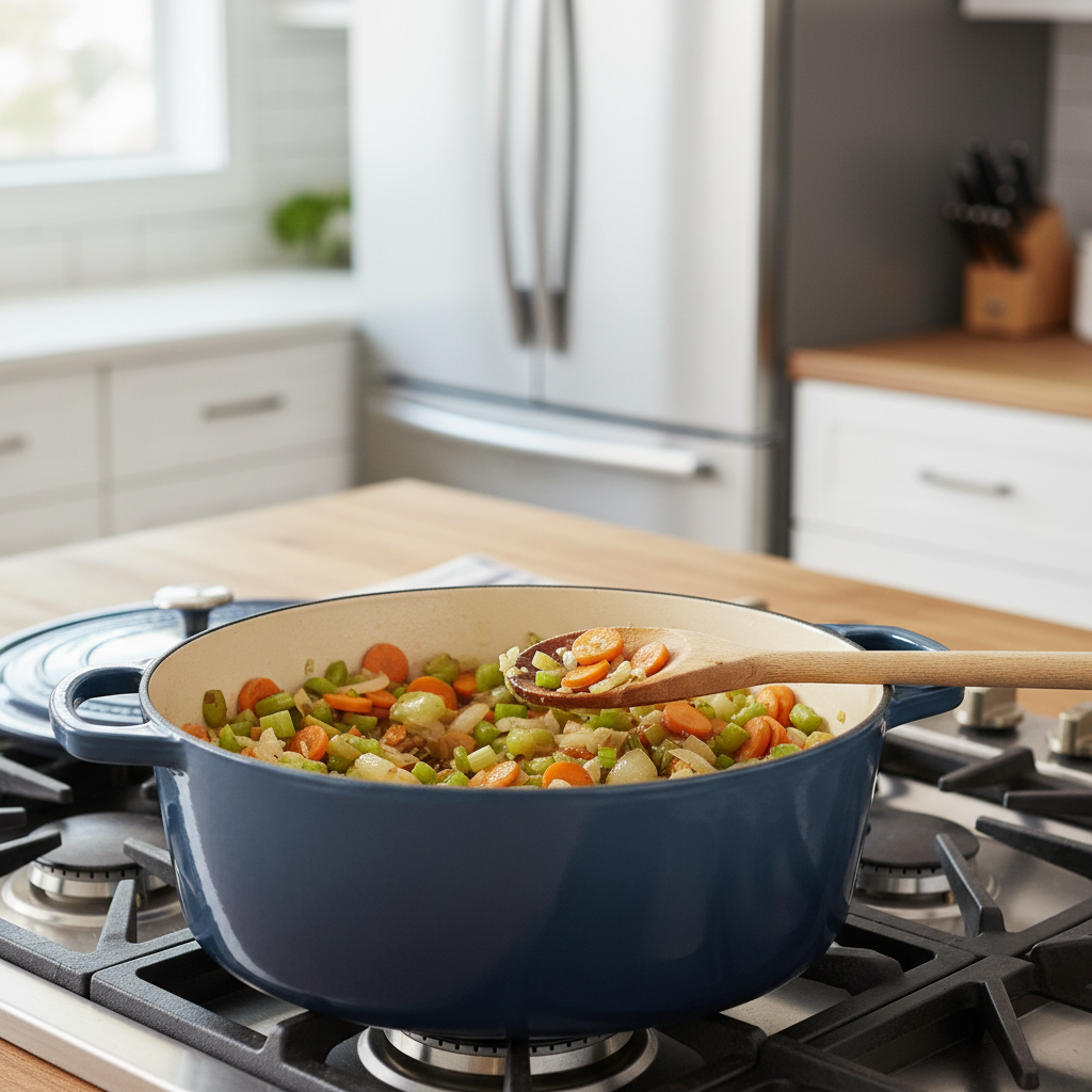 Hearty vegetable soup base with sautéed onions celery and carrots in a Dutch oven