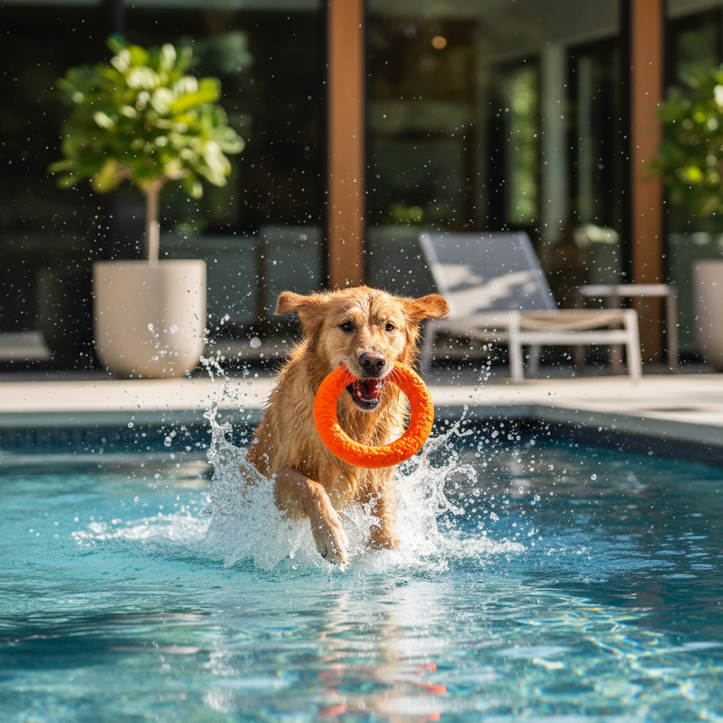 Dog retrieving a floating toy in a backyard pool