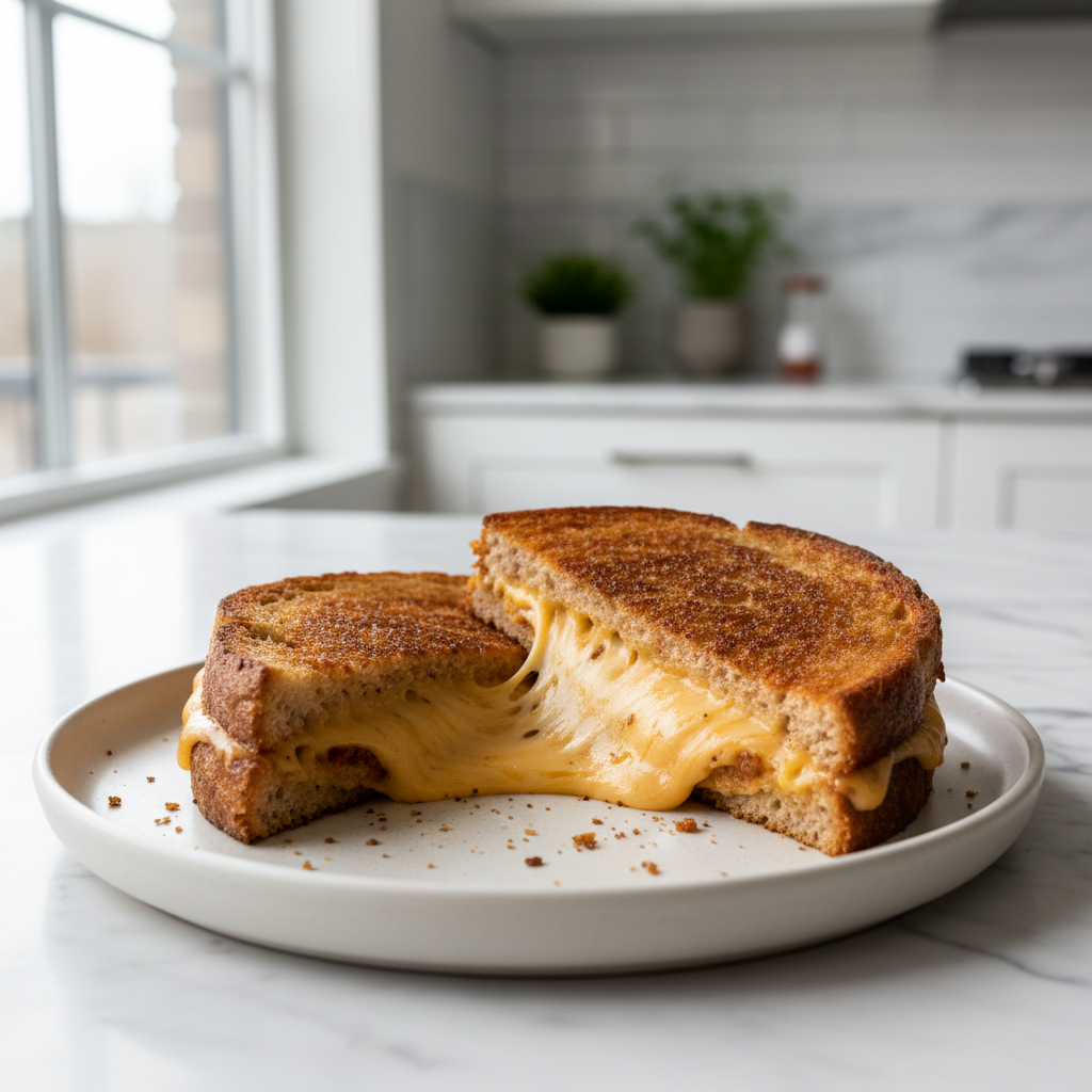 Crispy grilled cheese sandwich cut in half with melted cheese pull