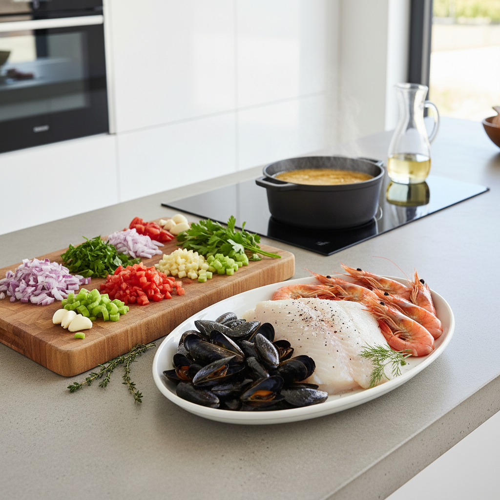 Fresh ingredients for seafood soup on a kitchen counter