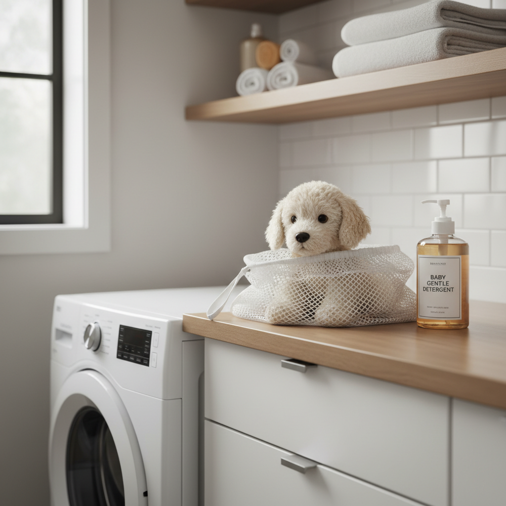 Washing a puppy plush toy in a laundry bag with gentle detergent for safer hygiene