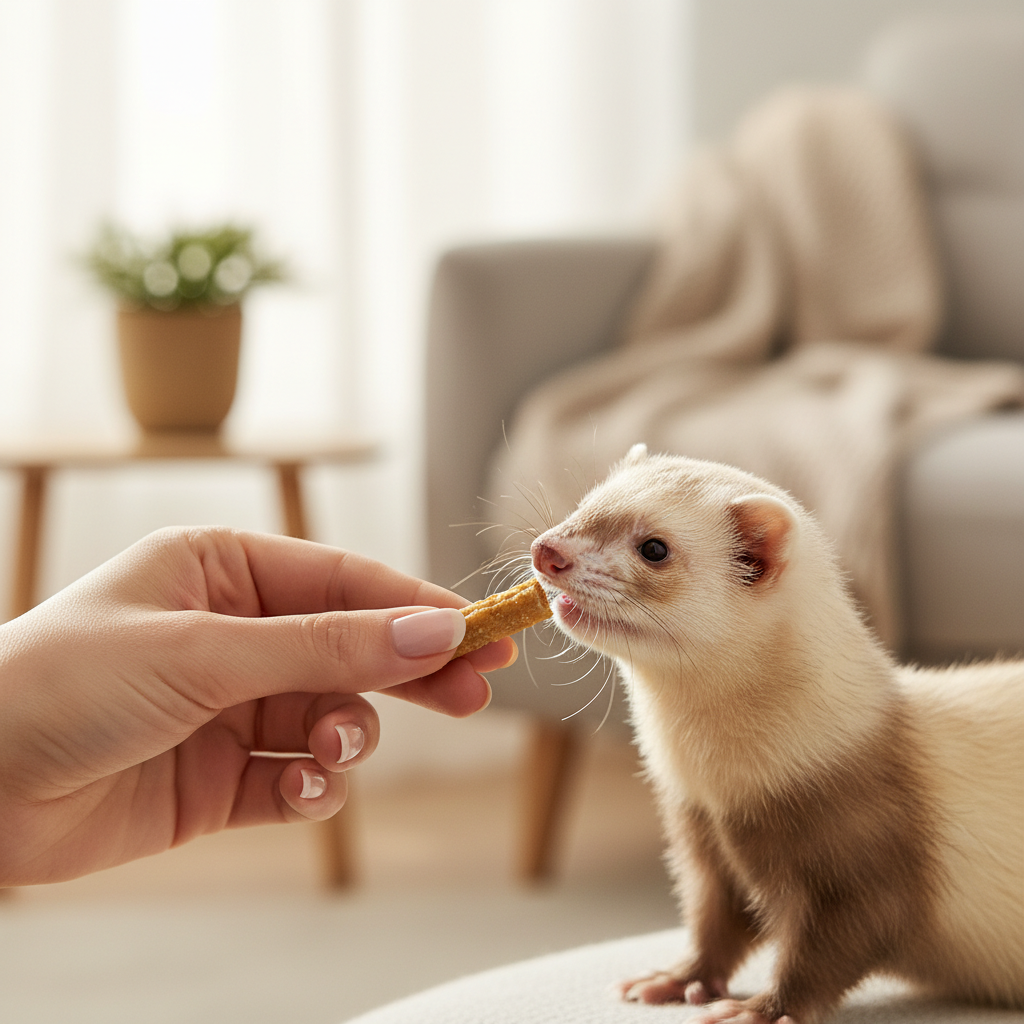 Ferret sniffing a chicken flavor treat stick in a home setting