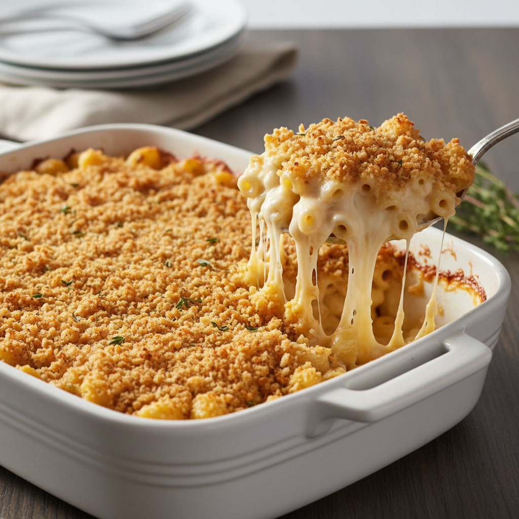 Baked creamy mac and cheese in a casserole dish with golden breadcrumb topping
