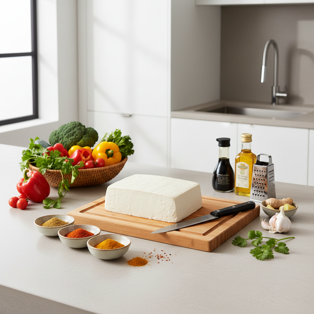 Tofu meal prep ingredients on a kitchen counter for healthy vegetarian tofu recipes