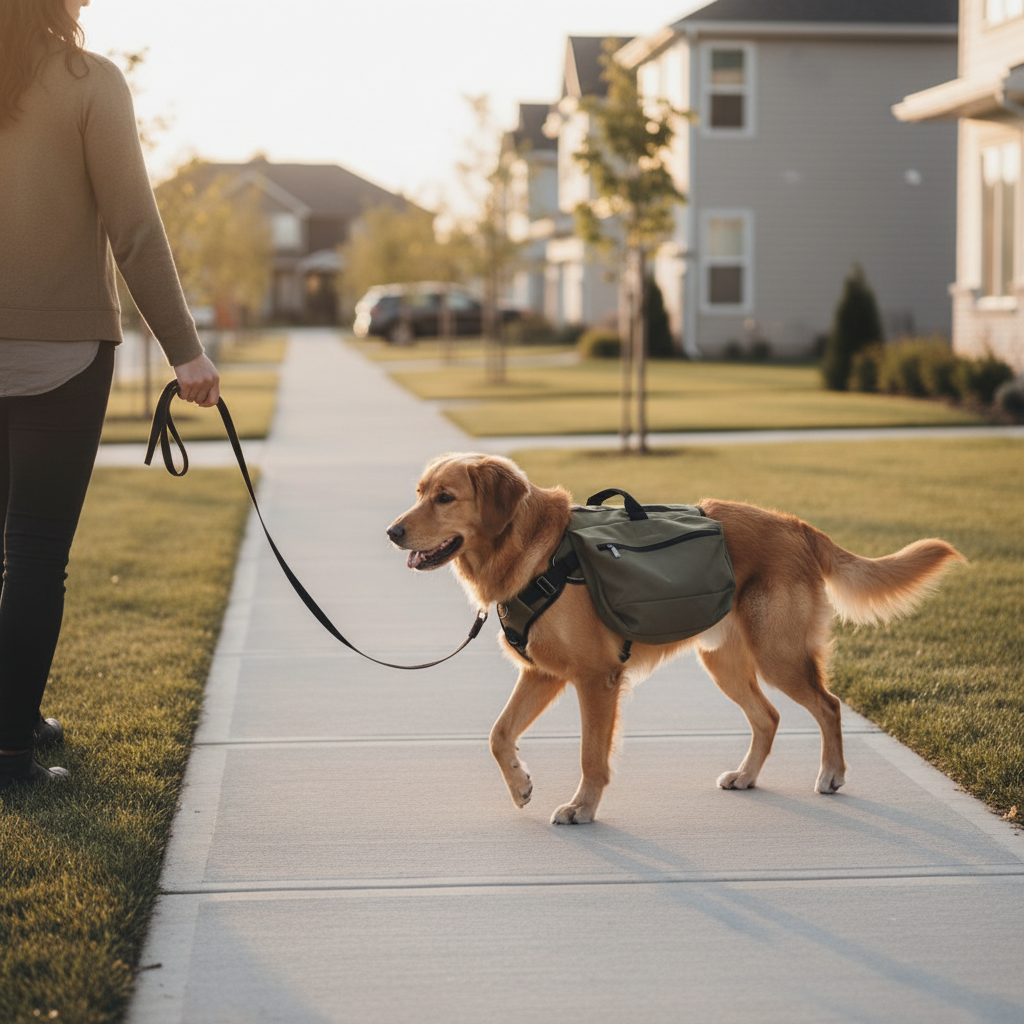 Dog calmly training with an empty backpack harness on a neighborhood sidewalk