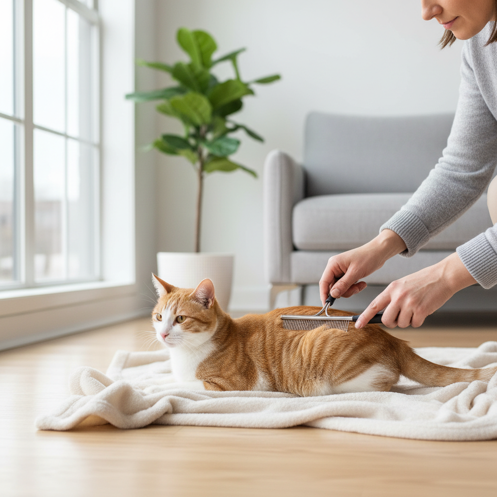 Person flea-combing a cat near the base of the tail using gentle strokes