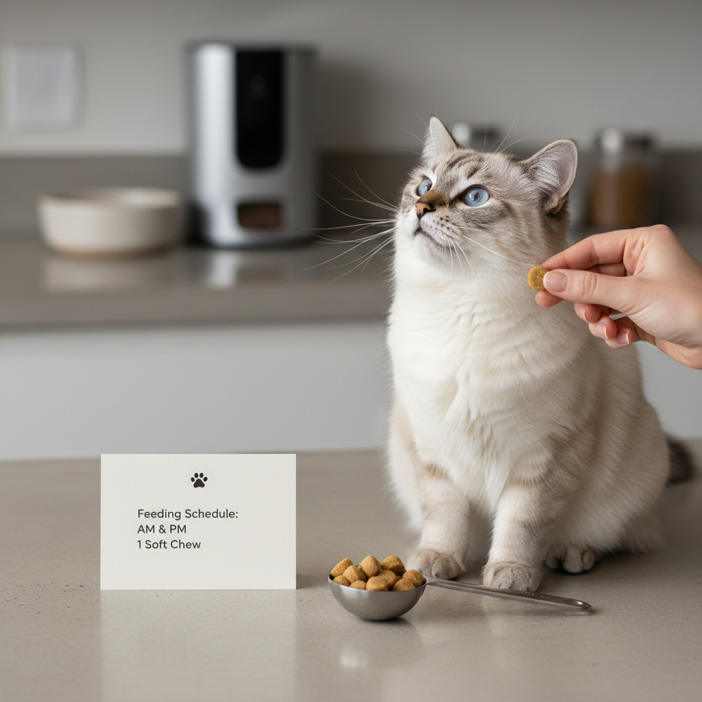 Cat receiving a small portion of hairball treat during a measured feeding routine