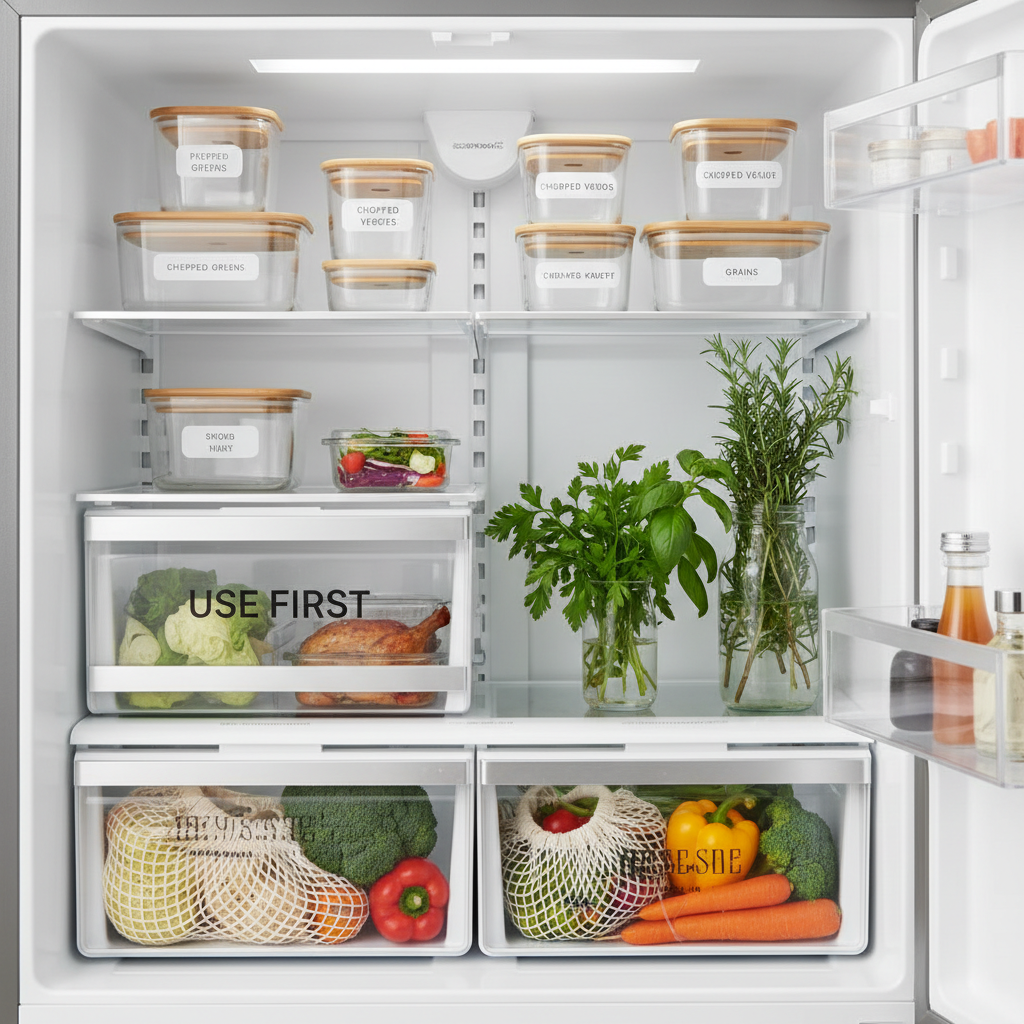 Refrigerator organization with labeled containers and a use-first bin