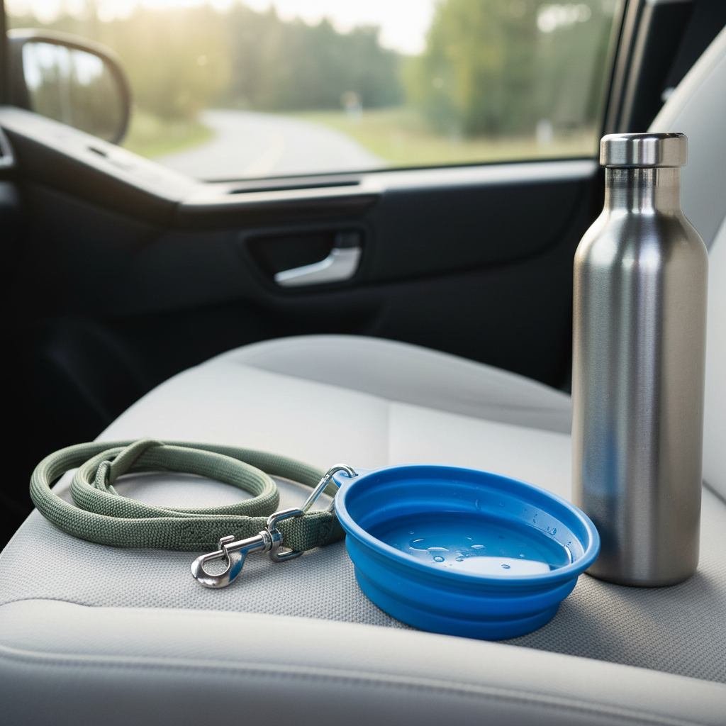 Collapsible leak-proof pet travel bowl on a car seat during a road trip