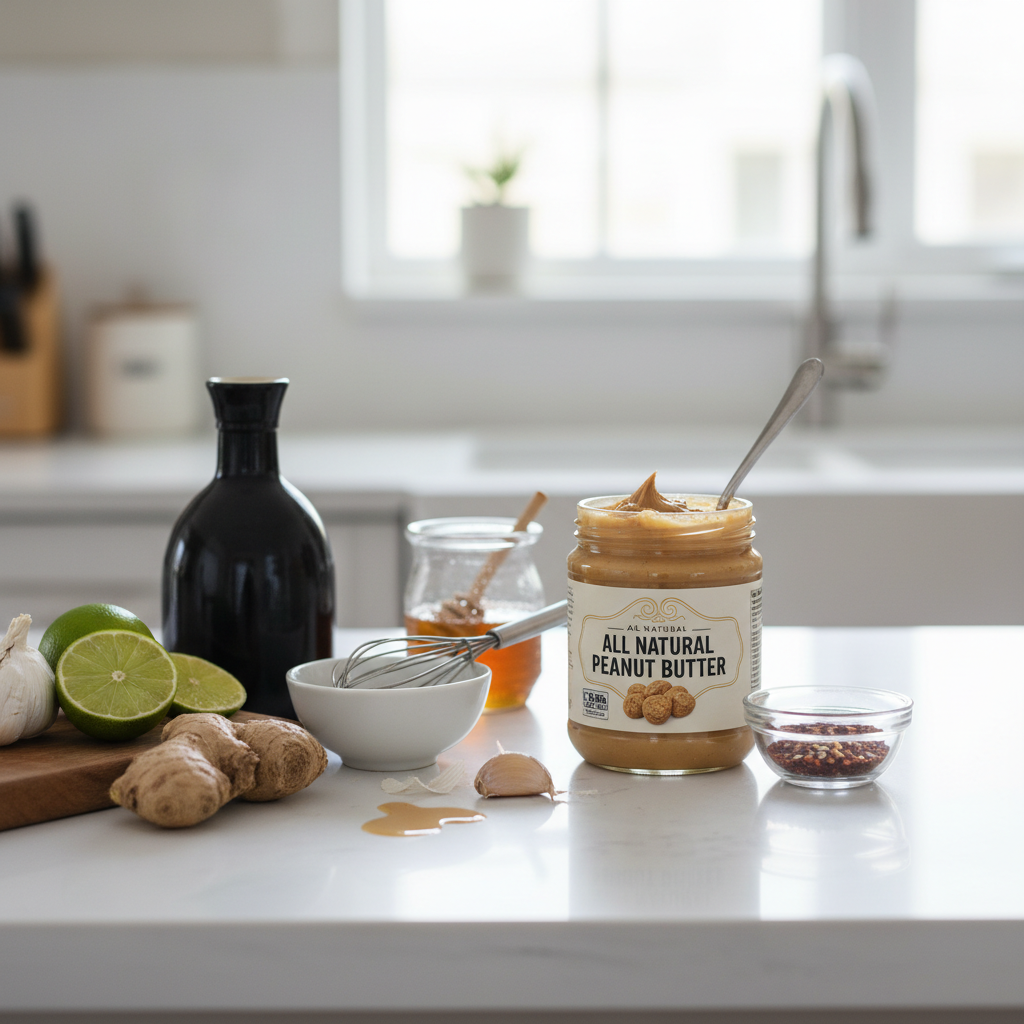 Peanut sauce ingredients on a kitchen counter for quick peanut recipes