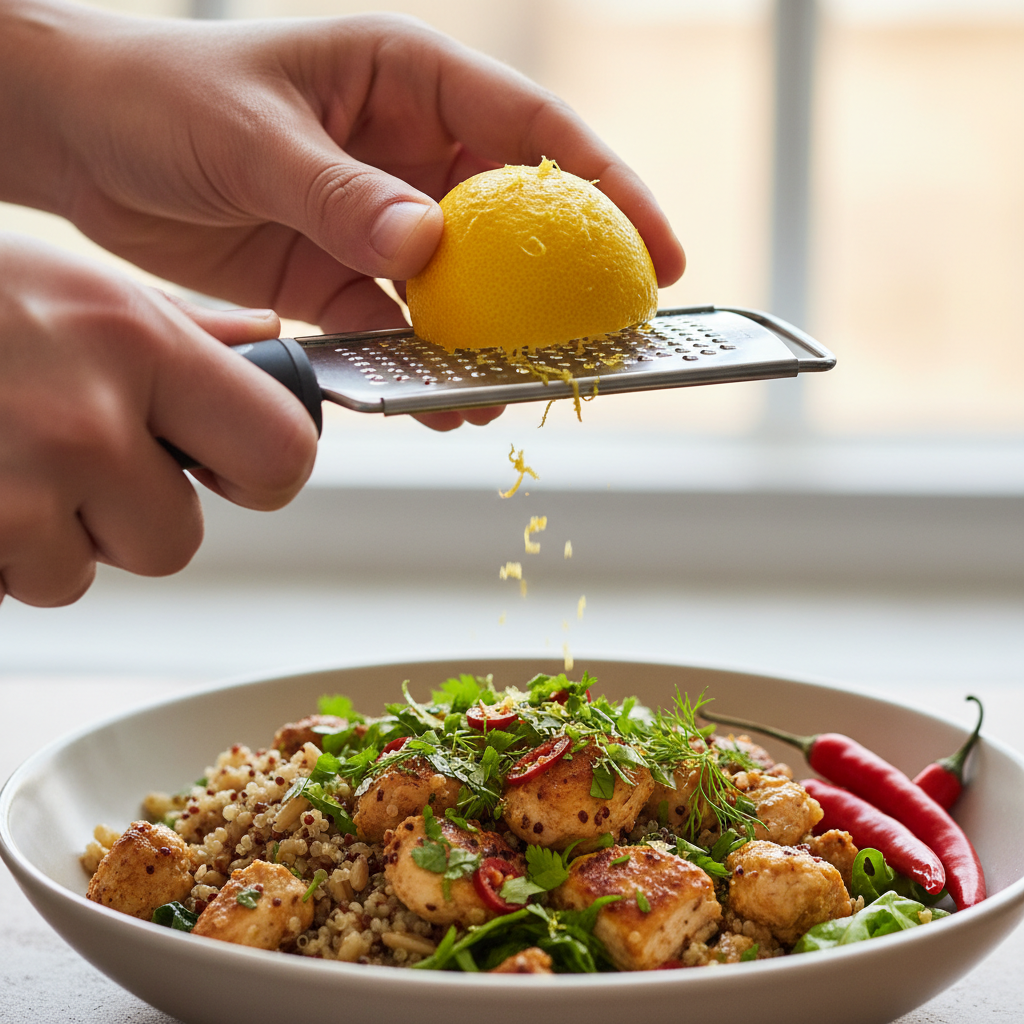 Finishing a dish with lemon zest and herbs for a zesty flavor boost