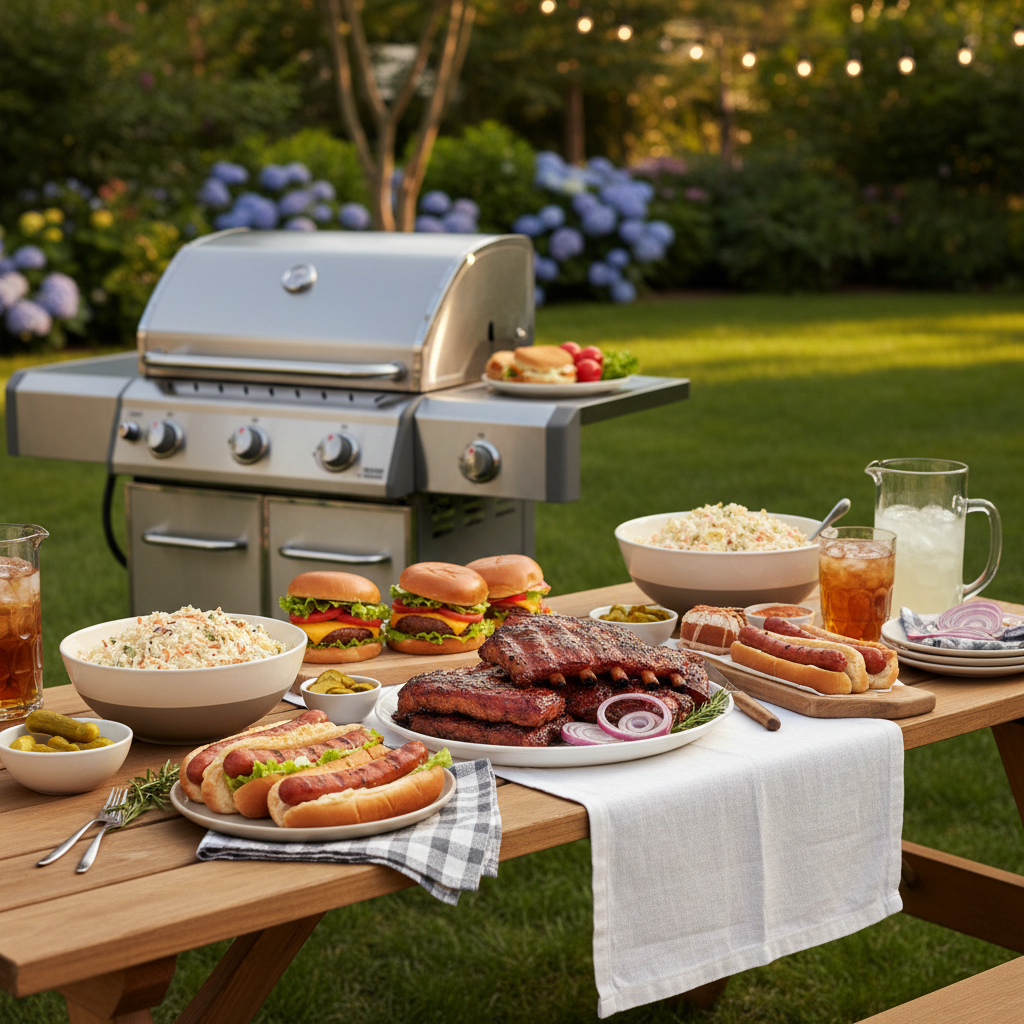 Backyard grill party spread with ribs, burgers, and sides
