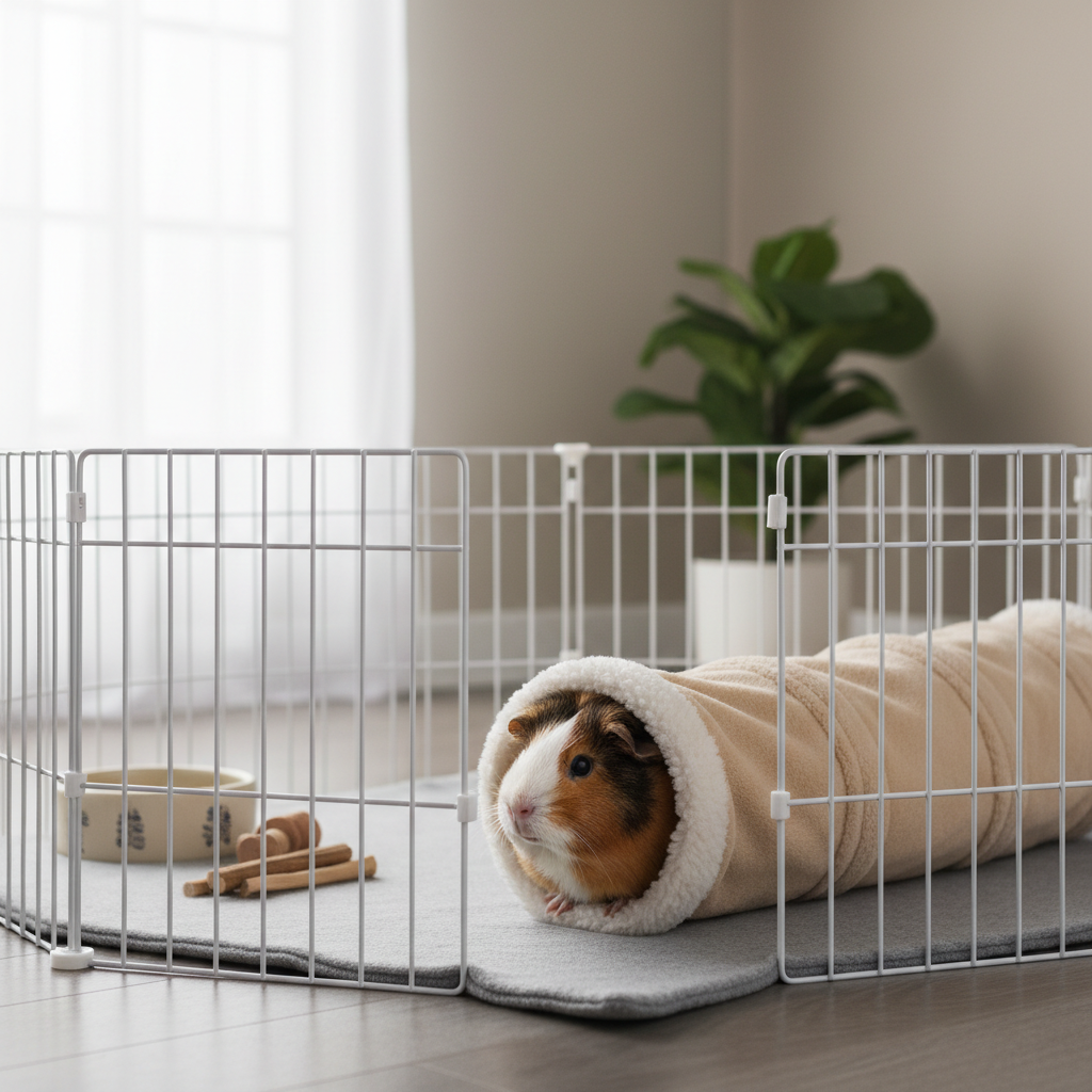 Guinea pig exploring a plush-lined tunnel in a clean playpen setup