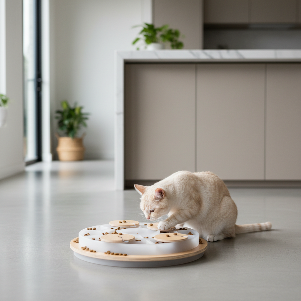 Cat using an interactive puzzle feeder to slow eating at home