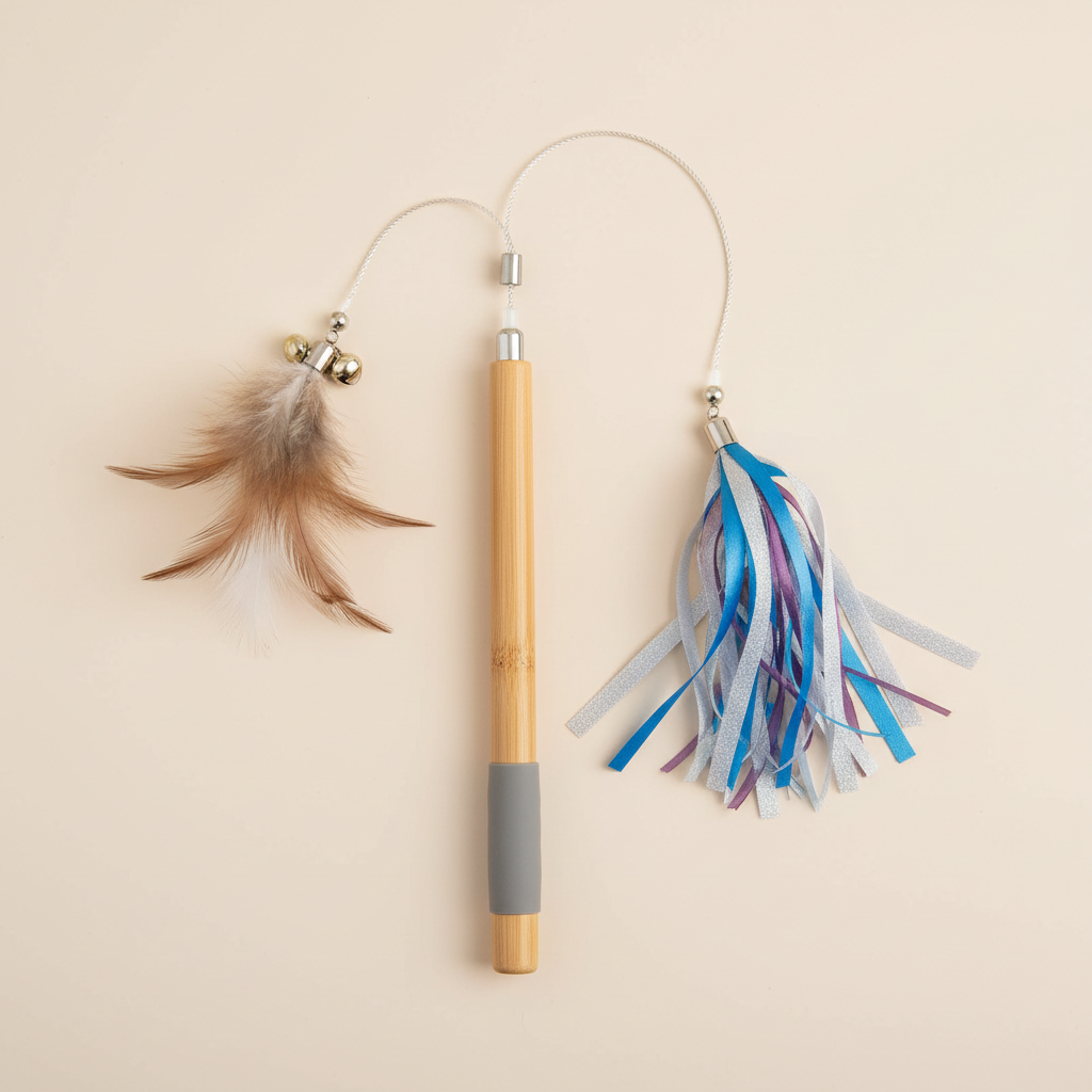 Close-up of cat teaser wand handle and interchangeable lures