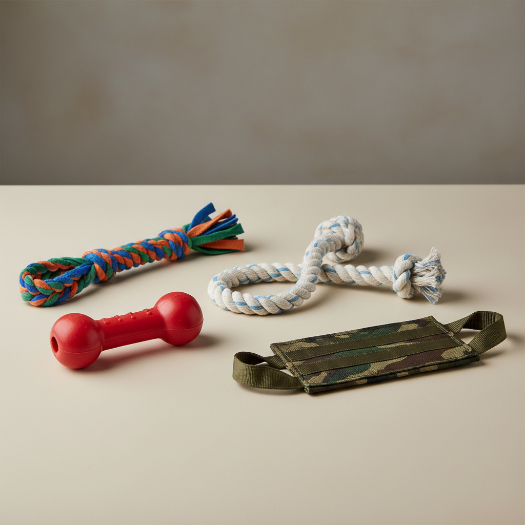 Different dog tug toy materials shown on a clean table for comparison