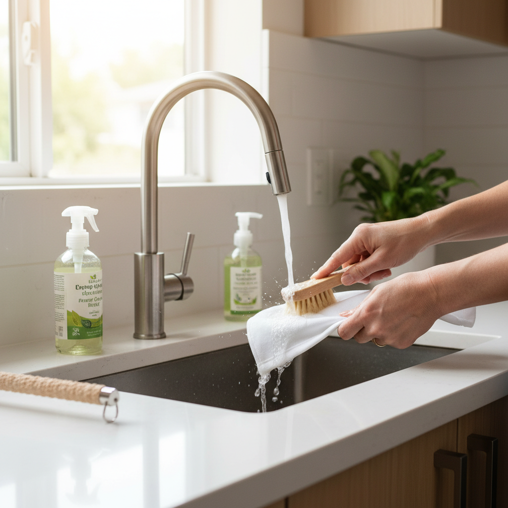 Cleaning a bird perch cover with bird-safe supplies at a sink