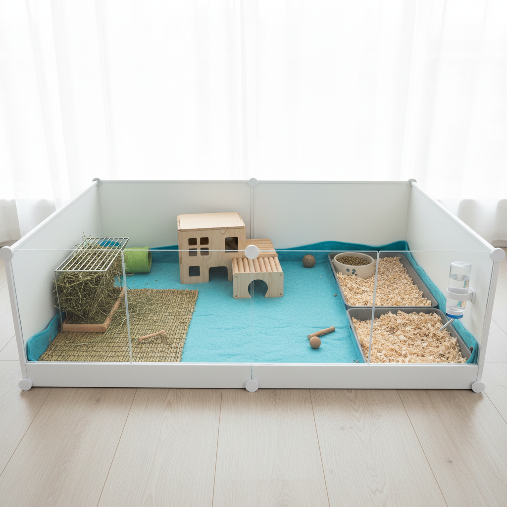 Well-organized guinea pig cage with wooden hideout placed on fleece liner and dry bedding zones