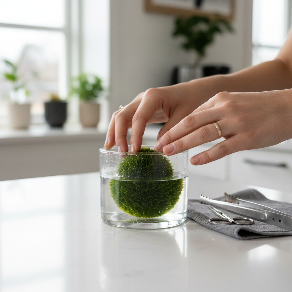 Aquarist gently rinsing a live moss ball in a bowl of dechlorinated water for aquarium care
