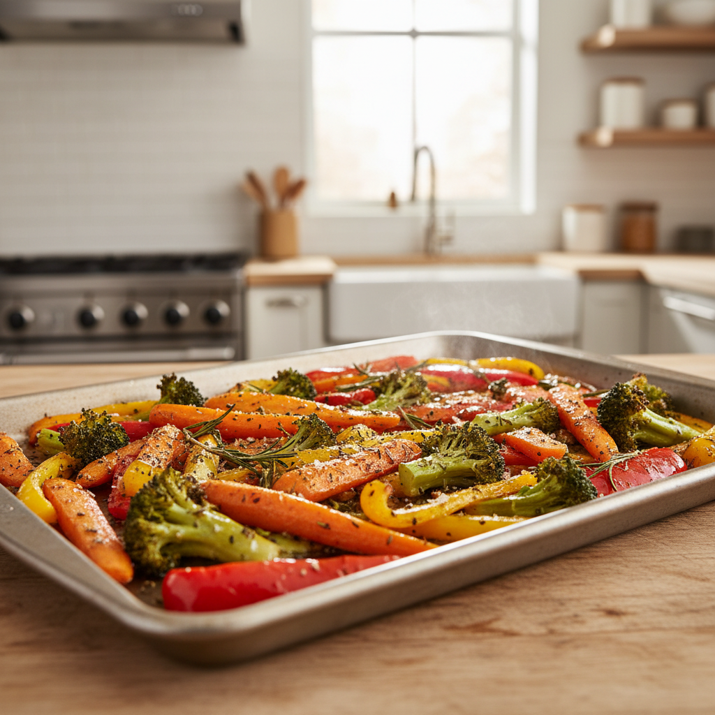 Sheet-pan organic vegetables roasting with herbs for a simple healthy dinner