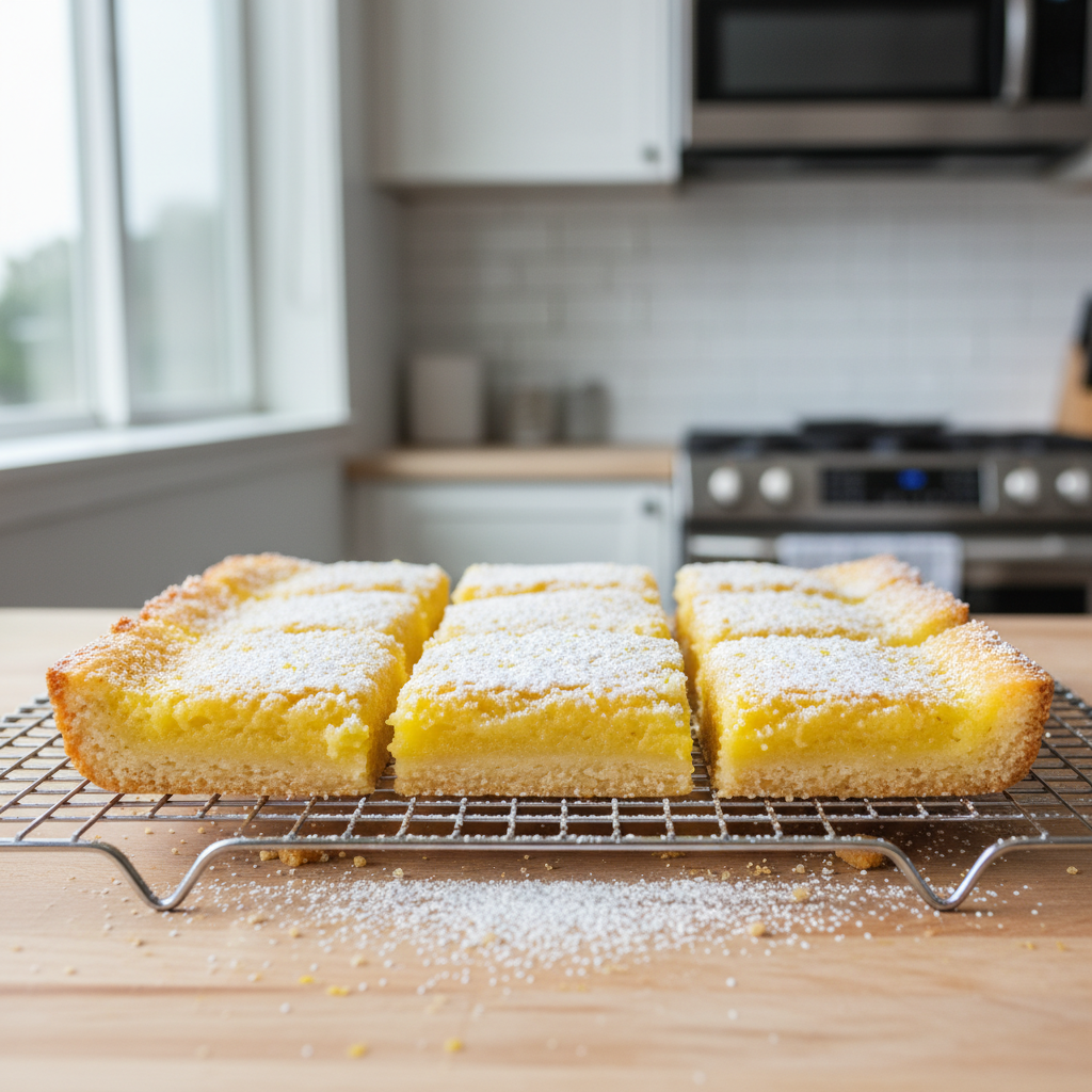 Freshly baked lemon bars with powdered sugar on a cooling rack