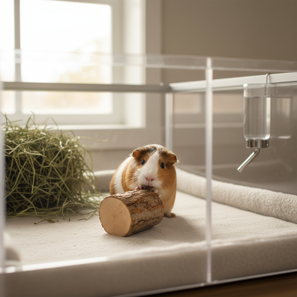 Guinea pig chewing a natural wood chew log in a clean cage setup