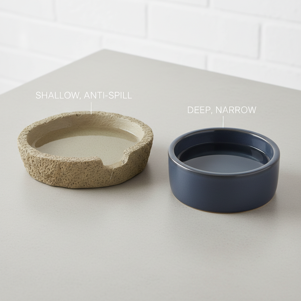 Comparison of shallow vs deep reptile water bowls showing stability