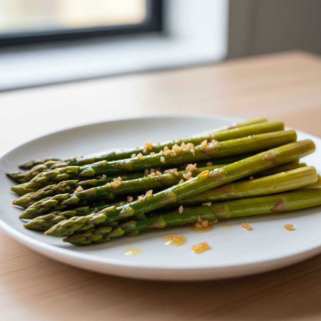 Cooked roasted asparagus showing crisp-tender texture with lightly browned tips