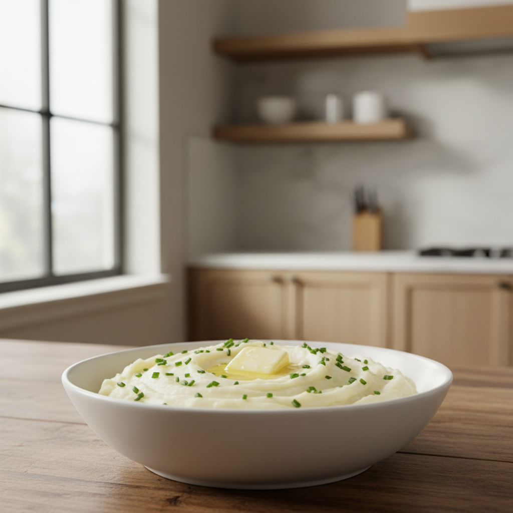 Creamy mashed potato side dish in a bowl with butter and chives