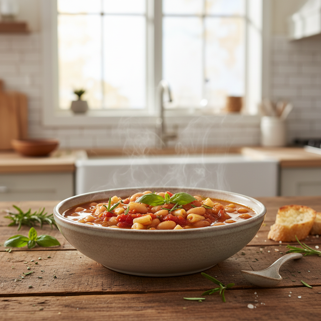 Bowl of pasta e fagioli soup with beans and pasta in a cozy kitchen setting