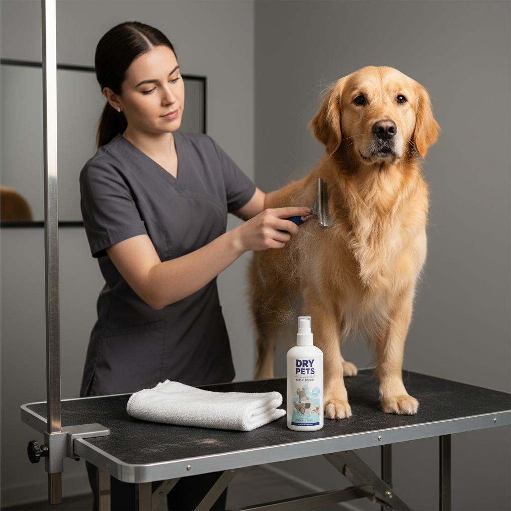 Brushing a dog after applying waterless pet dry bath spray to remove residue