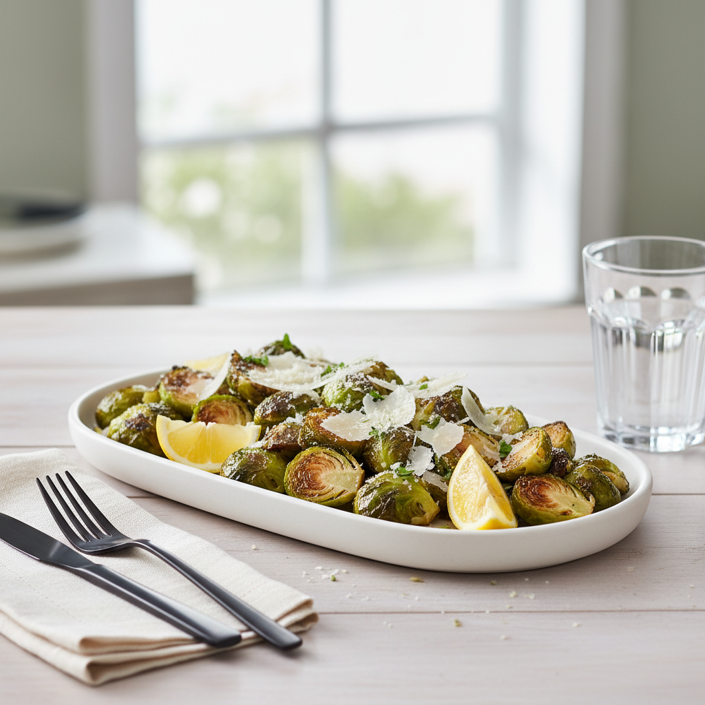 Roasted Brussels sprouts finished with Parmesan and lemon on a serving platter