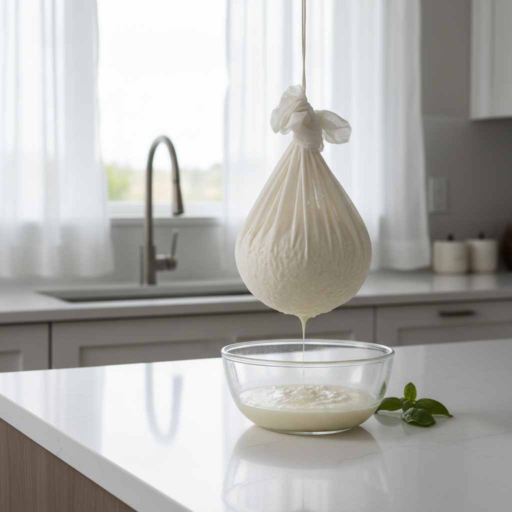 Ricotta draining in cheesecloth over a bowl for cannoli filling
