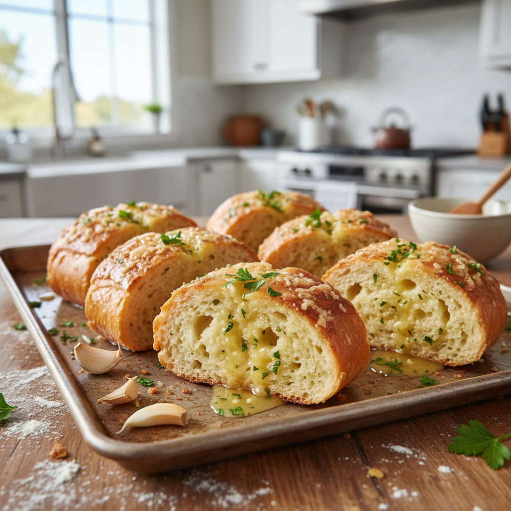 Quick homemade garlic bread on a baking sheet with parsley and butter