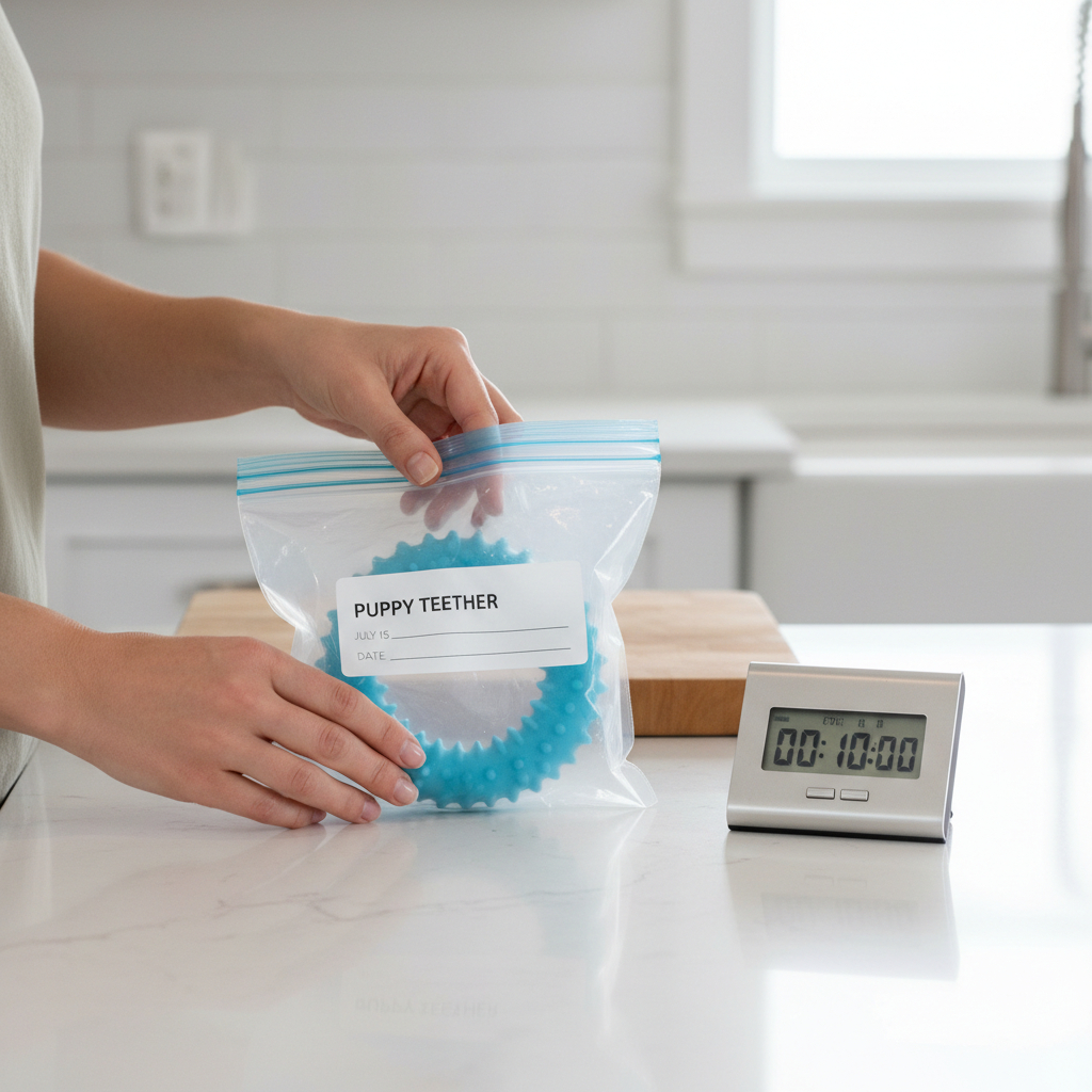 Hands placing a puppy teething ring in a freezer-safe bag with a timer nearby