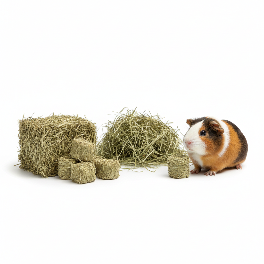 Compressed timothy hay cubes next to loose timothy hay for guinea pigs
