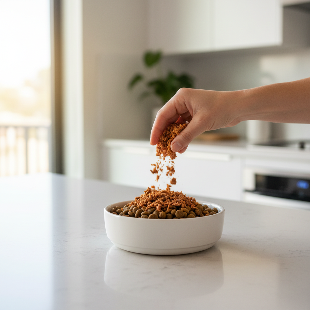 Savory dog food topper being added to kibble in a kitchen setting