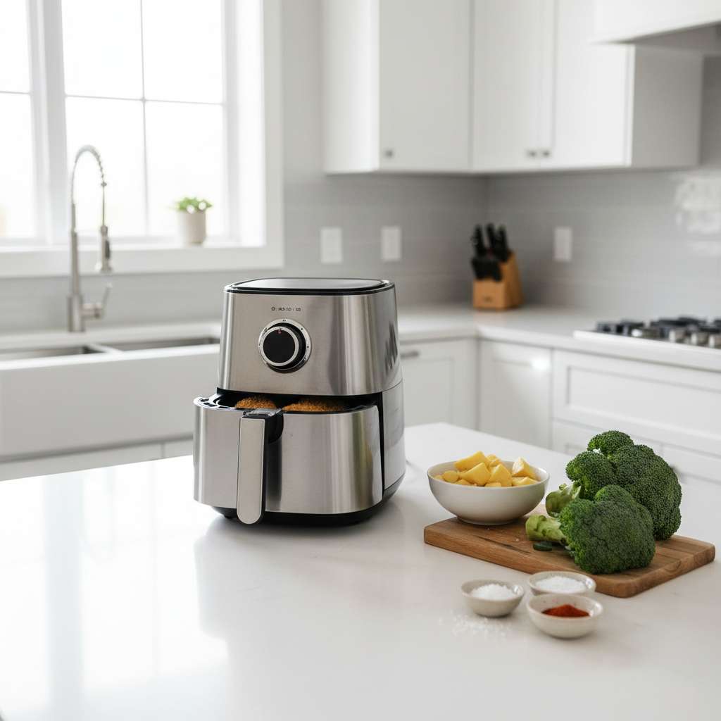Beginner-friendly air fryer setup with basket and simple ingredients