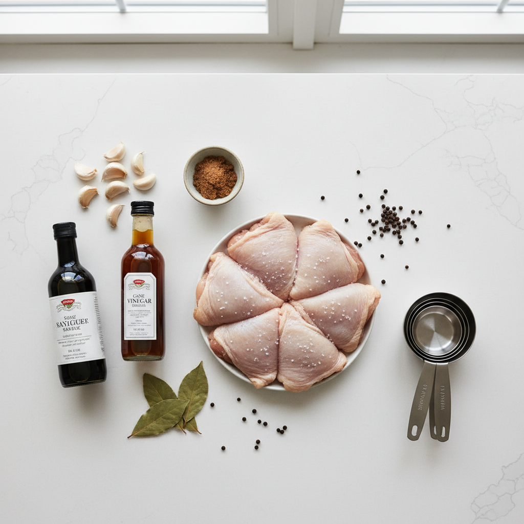 Ingredients for easy Filipino chicken adobo arranged on a kitchen counter