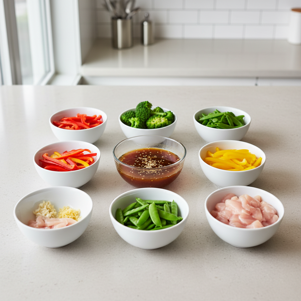 Meal prep bowls with sliced vegetables and stir fry sauce ready for cooking