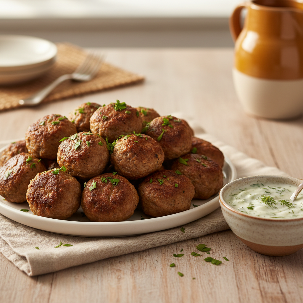 Cooked turkey meatballs with herbs and yogurt sauce on a plate