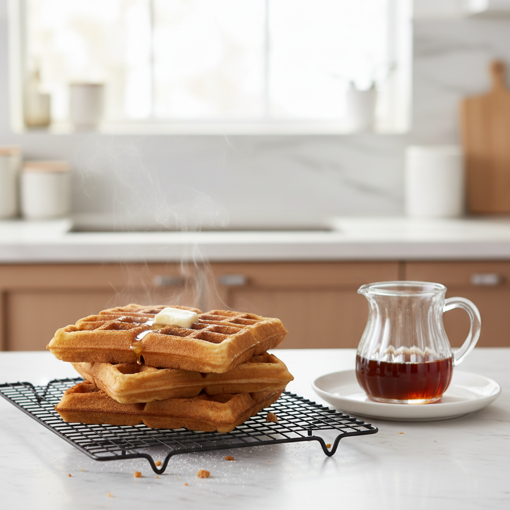 Crispy golden waffles on a cooling rack with butter and syrup