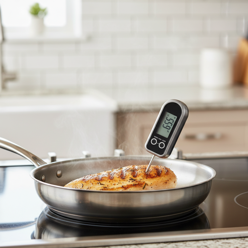 Instant-read thermometer checking chicken temperature in a skillet