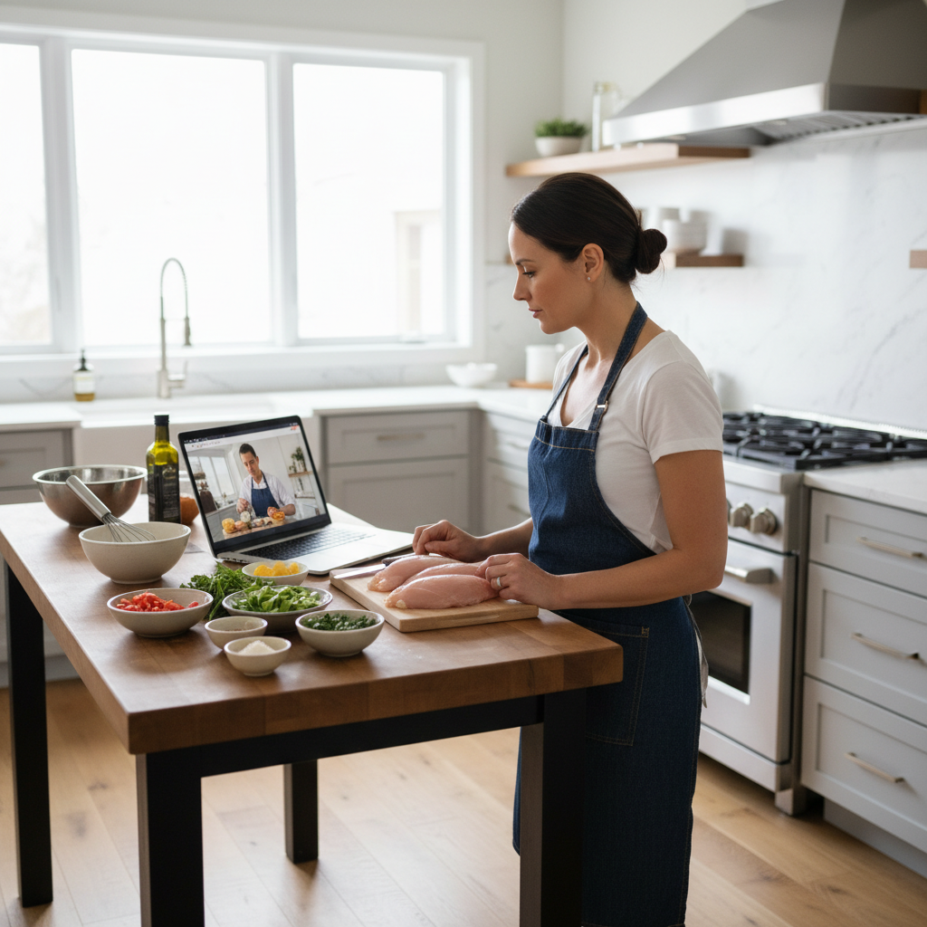Home cook following an online cooking class on a laptop in a small kitchen