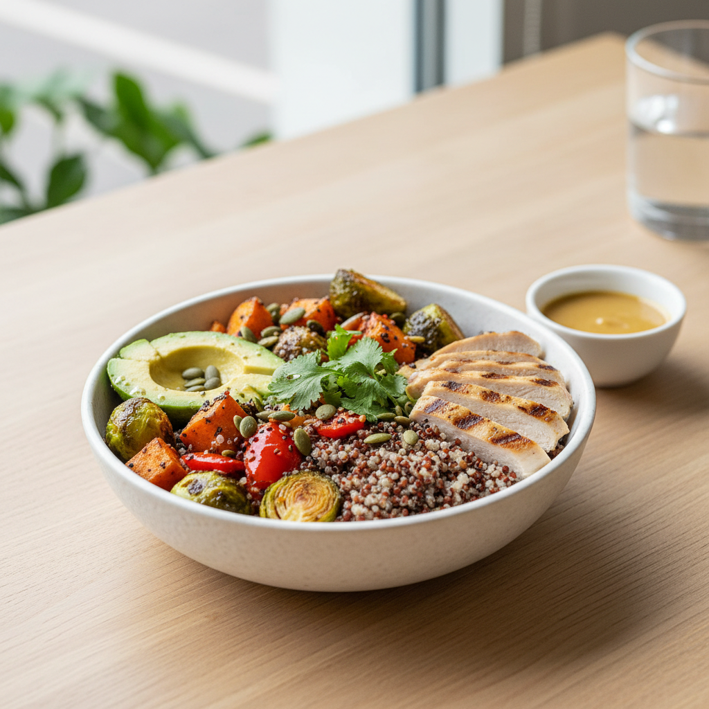 Colorful healthy grain bowl with quinoa vegetables and chicken