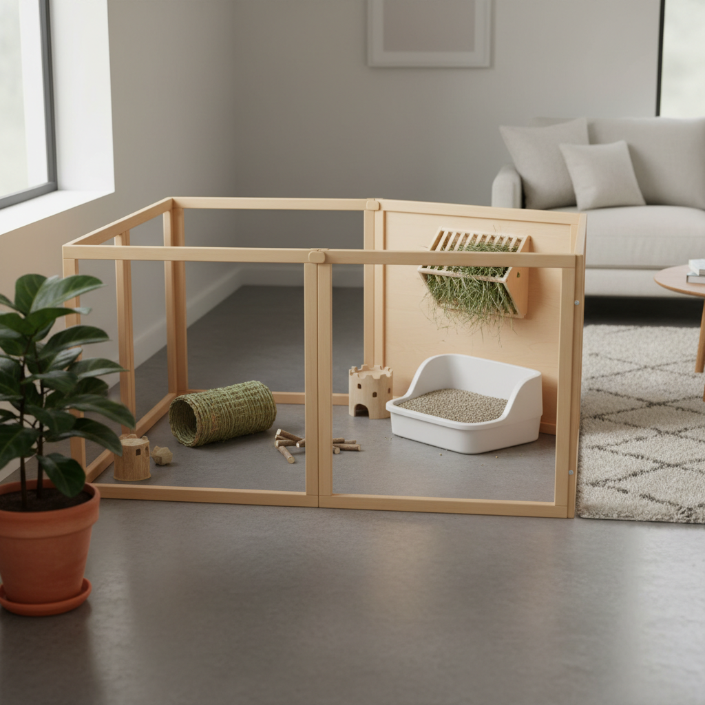 Low entry corner rabbit litter box in a clean indoor rabbit pen