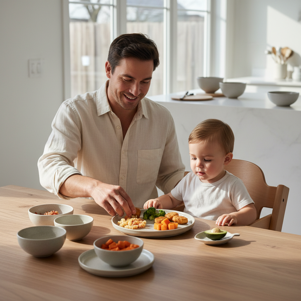 Parent serving kid friendly meals with small portions and familiar foods on a dinner table