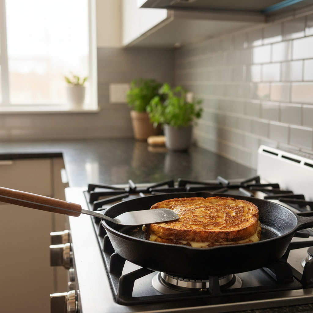 Skillet with grilled cheese showing golden-brown crust and spatula pressing gently