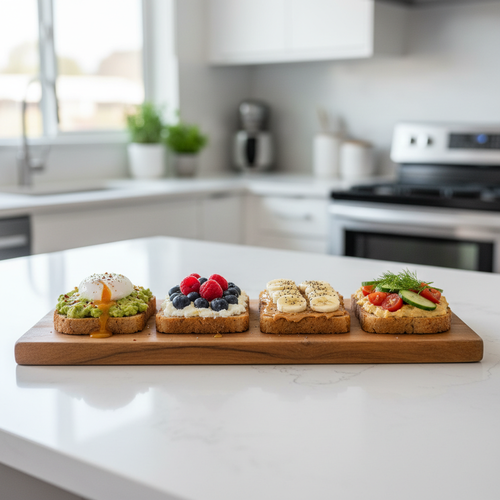 Assorted breakfast toast ideas on a wooden board with sweet and savory toppings